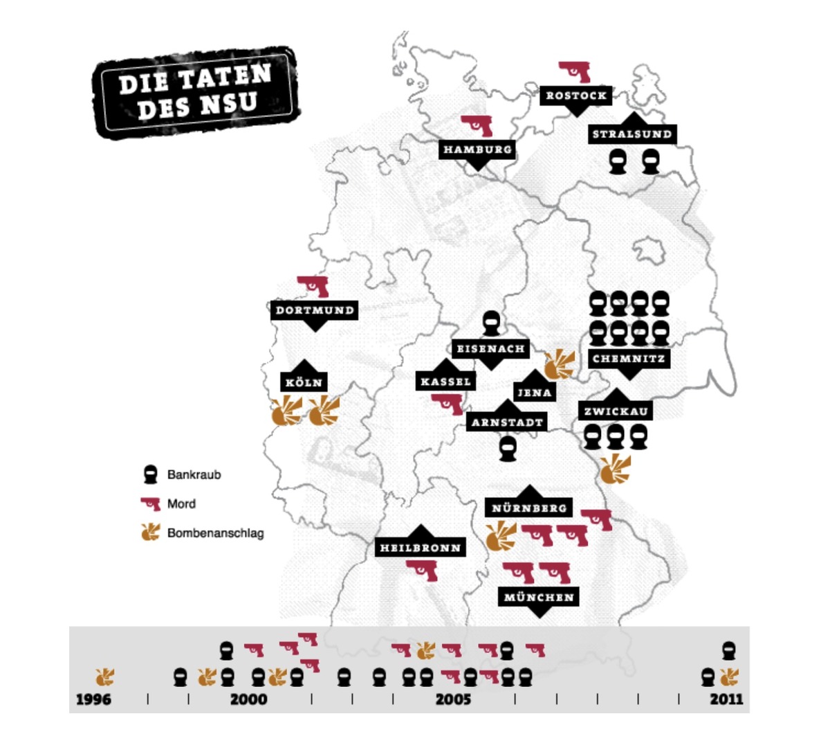 Carte des lieux et les années auxquelles ont été commis les meurtres, les attaques à la bombe et les braquages de banque. Source : Der Nationalsozialistische Untergrund sur bnp.de