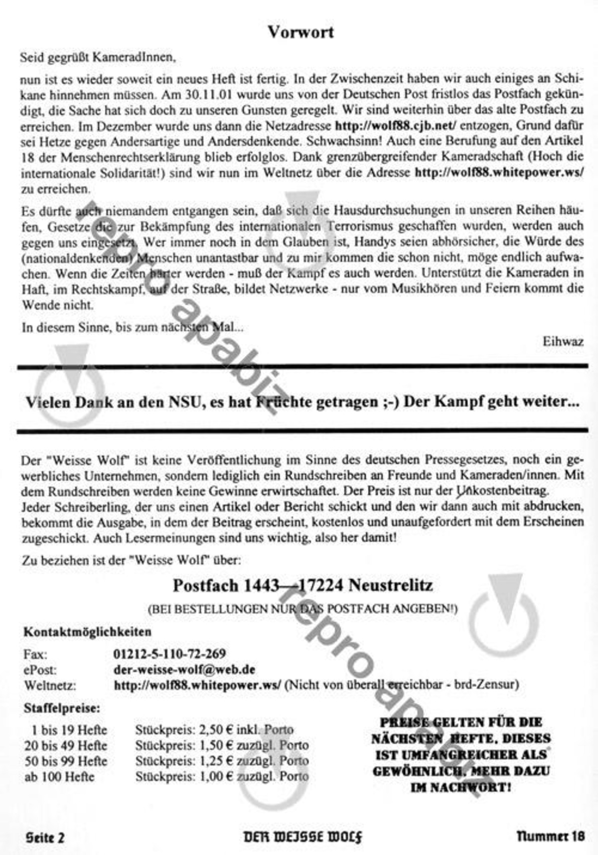 « Der Weisse Wolf », n° 18, 2001, avant-propos avec salutations au « NSU » : « Merci au NSU. Cela a porté ses fruits – le combat continue…)