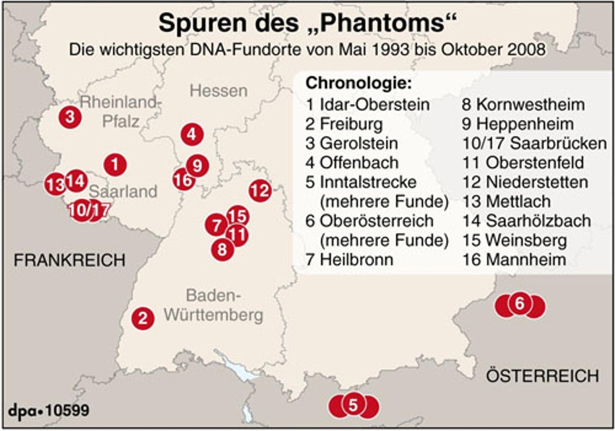 Lieux supposés de crimes commis par le « fantôme de Heilbronn ». Source: Die angeblichen Tatorte des Phantoms sur tz.de